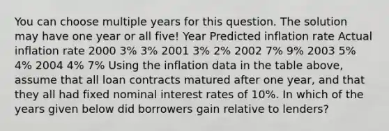 You can choose multiple years for this question. The solution may have one year or all five! Year Predicted inflation rate Actual inflation rate 2000 3% 3% 2001 3% 2% 2002 7% 9% 2003 5% 4% 2004 4% 7% Using the inflation data in the table above, assume that all loan contracts matured after one year, and that they all had fixed nominal interest rates of 10%. In which of the years given below did borrowers gain relative to lenders?