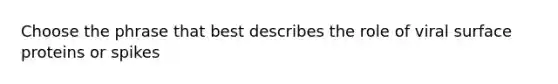 Choose the phrase that best describes the role of viral surface proteins or spikes