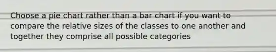 Choose a <a href='https://www.questionai.com/knowledge/kDrHXijglR-pie-chart' class='anchor-knowledge'>pie chart</a> rather than a <a href='https://www.questionai.com/knowledge/kdDMLVsZUp-bar-chart' class='anchor-knowledge'>bar chart</a> if you want to compare the relative sizes of the classes to one another and together they comprise all possible categories