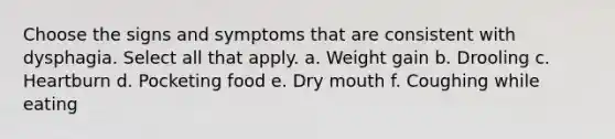 Choose the signs and symptoms that are consistent with dysphagia. Select all that apply. a. Weight gain b. Drooling c. Heartburn d. Pocketing food e. Dry mouth f. Coughing while eating