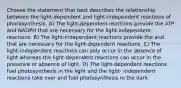 Choose the statement that best describes the relationship between the light-dependent and light-independent reactions of photosynthesis. A) The light-dependent reactions provide the ATP and NADPH that are necessary for the light-independent reactions. B) The light-independent reactions provide the and that are necessary for the light-dependent reactions. C) The light-independent reactions can only occur in the absence of light whereas the light-dependent reactions can occur in the presence or absence of light. D) The light-dependent reactions fuel photosynthesis in the light and the light- independent reactions take over and fuel photosynthesis in the dark.