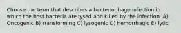 Choose the term that describes a bacteriophage infection in which the host bacteria are lysed and killed by the infection. A) Oncogenic B) transforming C) lysogenic D) hemorrhagic E) lytic