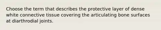 Choose the term that describes the protective layer of dense white connective tissue covering the articulating bone surfaces at diarthrodial joints.