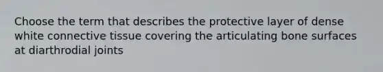 Choose the term that describes the protective layer of dense white connective tissue covering the articulating bone surfaces at diarthrodial joints