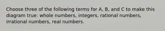 Choose three of the following terms for A, B, and C to make this diagram true: whole numbers, integers, rational numbers, irrational numbers, real numbers.