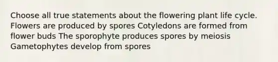 Choose all true statements about the flowering plant life cycle. Flowers are produced by spores Cotyledons are formed from flower buds The sporophyte produces spores by meiosis Gametophytes develop from spores