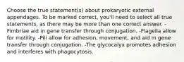 Choose the true statement(s) about prokaryotic external appendages. To be marked correct, you'll need to select all true statements, as there may be more than one correct answer. -Fimbriae aid in gene transfer through conjugation. -Flagella allow for motility. -Pili allow for adhesion, movement, and aid in gene transfer through conjugation. -The glycocalyx promotes adhesion and interferes with phagocytosis.