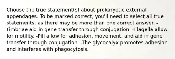 Choose the true statement(s) about prokaryotic external appendages. To be marked correct, you'll need to select all true statements, as there may be more than one correct answer. -Fimbriae aid in gene transfer through conjugation. -Flagella allow for motility. -Pili allow for adhesion, movement, and aid in gene transfer through conjugation. -The glycocalyx promotes adhesion and interferes with phagocytosis.