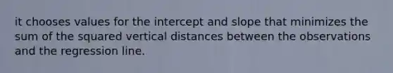 it chooses values for the intercept and slope that minimizes the sum of the squared vertical distances between the observations and the regression line.