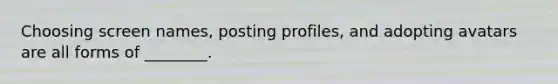 Choosing screen names, posting profiles, and adopting avatars are all forms of ________.