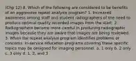 (Chp 12) 8. Which of the following are considered to be benefits of an aggressive repeat analysis program? 1. Increased awareness among staff and student radiographers of the need to produce optimal quality recorded images from the start. 2. Radiographers become more careful in producing radiographic images because they are aware that images are being reviewed. 3. When the repeat analysis program identifies problems or concerns, in-service education programs covering these specific topics may be designed for imaging personnel. a. 1 only b. 2 only c. 3 only d. 1, 2, and 3