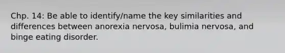 Chp. 14: Be able to identify/name the key similarities and differences between anorexia nervosa, bulimia nervosa, and binge eating disorder.