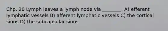 Chp. 20 Lymph leaves a lymph node via ________. A) efferent lymphatic vessels B) afferent lymphatic vessels C) the cortical sinus D) the subcapsular sinus