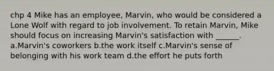 chp 4 Mike has an employee, Marvin, who would be considered a Lone Wolf with regard to job involvement. To retain Marvin, Mike should focus on increasing Marvin's satisfaction with ______. a.Marvin's coworkers b.the work itself c.Marvin's sense of belonging with his work team d.the effort he puts forth