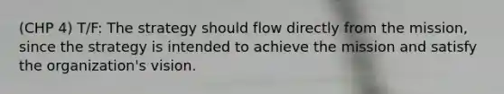 (CHP 4) T/F: The strategy should flow directly from the mission, since the strategy is intended to achieve the mission and satisfy the organization's vision.