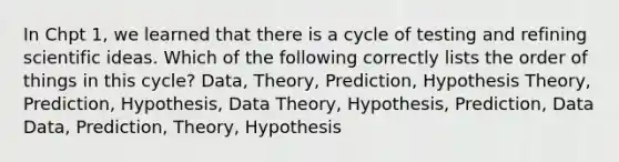 In Chpt 1, we learned that there is a cycle of testing and refining scientific ideas. Which of the following correctly lists the order of things in this cycle? Data, Theory, Prediction, Hypothesis Theory, Prediction, Hypothesis, Data Theory, Hypothesis, Prediction, Data Data, Prediction, Theory, Hypothesis