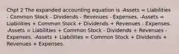 Chpt 2 The expanded accounting equation is -Assets = Liabilities - Common Stock - Dividends - Revenues - Expenses. -Assets = Liabilities + Common Stock + Dividends + Revenues - Expenses. -Assets = Liabilities + Common Stock - Dividends + Revenues - Expenses. -Assets + Liabilities = Common Stock + Dividends + Revenues + Expenses.