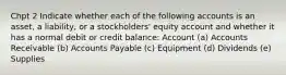 Chpt 2 Indicate whether each of the following accounts is an asset, a liability, or a stockholders' equity account and whether it has a normal debit or credit balance: Account (a) Accounts Receivable (b) Accounts Payable (c) Equipment (d) Dividends (e) Supplies