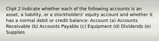 Chpt 2 Indicate whether each of the following accounts is an asset, a liability, or a stockholders' equity account and whether it has a normal debit or credit balance: Account (a) Accounts Receivable (b) Accounts Payable (c) Equipment (d) Dividends (e) Supplies