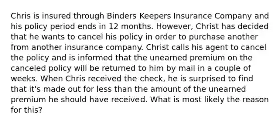 Chris is insured through Binders Keepers Insurance Company and his policy period ends in 12 months. However, Christ has decided that he wants to cancel his policy in order to purchase another from another insurance company. Christ calls his agent to cancel the policy and is informed that the unearned premium on the canceled policy will be returned to him by mail in a couple of weeks. When Chris received the check, he is surprised to find that it's made out for less than the amount of the unearned premium he should have received. What is most likely the reason for this?