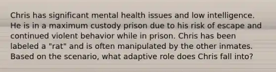 Chris has significant mental health issues and low intelligence. He is in a maximum custody prison due to his risk of escape and continued violent behavior while in prison. Chris has been labeled a "rat" and is often manipulated by the other inmates. Based on the scenario, what adaptive role does Chris fall into?