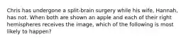 Chris has undergone a split-brain surgery while his wife, Hannah, has not. When both are shown an apple and each of their right hemispheres receives the image, which of the following is most likely to happen?