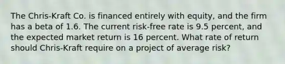 The Chris-Kraft Co. is financed entirely with equity, and the firm has a beta of 1.6. The current risk-free rate is 9.5 percent, and the expected market return is 16 percent. What rate of return should Chris-Kraft require on a project of average risk?