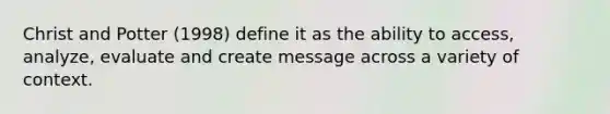 Christ and Potter (1998) define it as the ability to access, analyze, evaluate and create message across a variety of context.