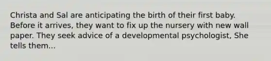 Christa and Sal are anticipating the birth of their first baby. Before it arrives, they want to fix up the nursery with new wall paper. They seek advice of a developmental psychologist, She tells them...