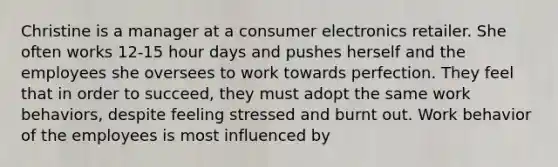 Christine is a manager at a consumer electronics retailer. She often works 12-15 hour days and pushes herself and the employees she oversees to work towards perfection. They feel that in order to succeed, they must adopt the same work behaviors, despite feeling stressed and burnt out. Work behavior of the employees is most influenced by​