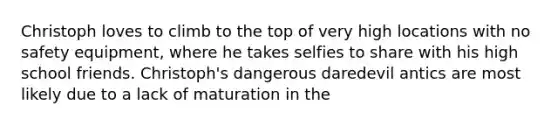 Christoph loves to climb to the top of very high locations with no safety equipment, where he takes selfies to share with his high school friends. Christoph's dangerous daredevil antics are most likely due to a lack of maturation in the