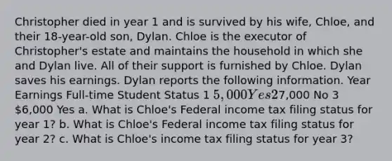 Christopher died in year 1 and is survived by his wife, Chloe, and their 18-year-old son, Dylan. Chloe is the executor of Christopher's estate and maintains the household in which she and Dylan live. All of their support is furnished by Chloe. Dylan saves his earnings. Dylan reports the following information. Year Earnings Full-time Student Status 1 5,000 Yes 27,000 No 3 6,000 Yes a. What is Chloe's Federal income tax filing status for year 1? b. What is Chloe's Federal income tax filing status for year 2? c. What is Chloe's income tax filing status for year 3?