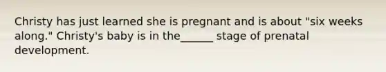 Christy has just learned she is pregnant and is about "six weeks along." Christy's baby is in the______ stage of prenatal development.