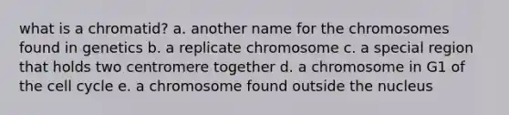 what is a chromatid? a. another name for the chromosomes found in genetics b. a replicate chromosome c. a special region that holds two centromere together d. a chromosome in G1 of the <a href='https://www.questionai.com/knowledge/keQNMM7c75-cell-cycle' class='anchor-knowledge'>cell cycle</a> e. a chromosome found outside the nucleus