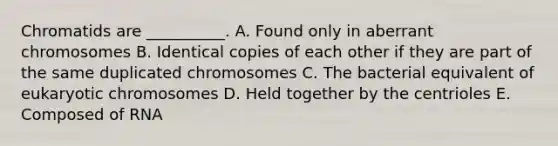 Chromatids are __________. A. Found only in aberrant chromosomes B. Identical copies of each other if they are part of the same duplicated chromosomes C. The bacterial equivalent of eukaryotic chromosomes D. Held together by the centrioles E. Composed of RNA