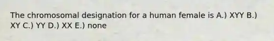 The chromosomal designation for a human female is A.) XYY B.) XY C.) YY D.) XX E.) none