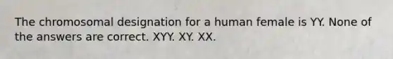 The chromosomal designation for a human female is YY. None of the answers are correct. XYY. XY. XX.