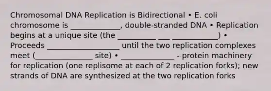 Chromosomal DNA Replication is Bidirectional • E. coli chromosome is _____________, double-stranded DNA • Replication begins at a unique site (the __________ ___ ____________) • Proceeds ___________________ until the two replication complexes meet (_______________ site) • ______________ - protein machinery for replication (one replisome at each of 2 replication forks); new strands of DNA are synthesized at the two replication forks