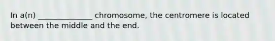 In a(n) ______________ chromosome, the centromere is located between the middle and the end.