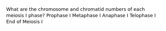 What are the chromosome and chromatid numbers of each meiosis I phase? Prophase I Metaphase I Anaphase I Telophase I End of Meiosis I