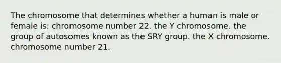 The chromosome that determines whether a human is male or female is: chromosome number 22. the Y chromosome. the group of autosomes known as the SRY group. the X chromosome. chromosome number 21.