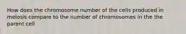 How does the chromosome number of the cells produced in meiosis compare to the number of chromosomes in the the parent cell