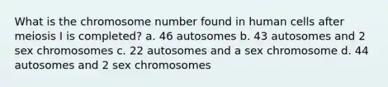 What is the chromosome number found in human cells after meiosis I is completed? a. 46 autosomes b. 43 autosomes and 2 sex chromosomes c. 22 autosomes and a sex chromosome d. 44 autosomes and 2 sex chromosomes