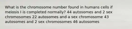 What is the chromosome number found in humans cells if meiosis I is completed normally? 44 autosomes and 2 sex chromosomes 22 autosomes and a sex chromosome 43 autosomes and 2 sex chromosomes 46 autosomes