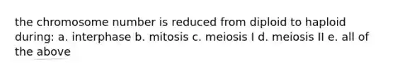 the chromosome number is reduced from diploid to haploid during: a. interphase b. mitosis c. meiosis I d. meiosis II e. all of the above