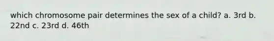 which chromosome pair determines the sex of a child? a. 3rd b. 22nd c. 23rd d. 46th