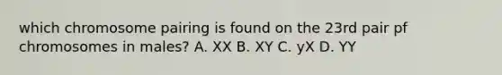 which chromosome pairing is found on the 23rd pair pf chromosomes in males? A. XX B. XY C. yX D. YY