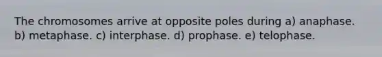 The chromosomes arrive at opposite poles during a) anaphase. b) metaphase. c) interphase. d) prophase. e) telophase.