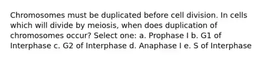 Chromosomes must be duplicated before cell division. In cells which will divide by meiosis, when does duplication of chromosomes occur? Select one: a. Prophase I b. G1 of Interphase c. G2 of Interphase d. Anaphase I e. S of Interphase