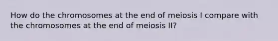 How do the chromosomes at the end of meiosis I compare with the chromosomes at the end of meiosis II?